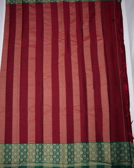 Narayanapet Mercerized Cotton Saree in Rich Ruby Red with Emerald Green Jacquard Border | Soft Finish & Lightweight Drape