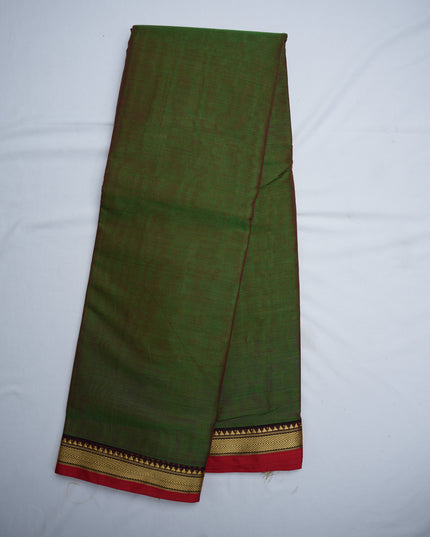 Narayanapet Mercerized Cotton Saree in Elegant Olive Green with Traditional Small Border | Soft Finish & Lightweight Drape