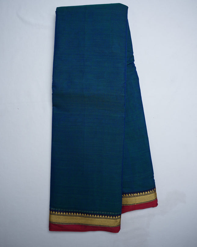 Narayanapet Mercerized Cotton Saree in Elegant Deep Teal Blue with Traditional Small Border | Soft Finish & Lightweight Drape