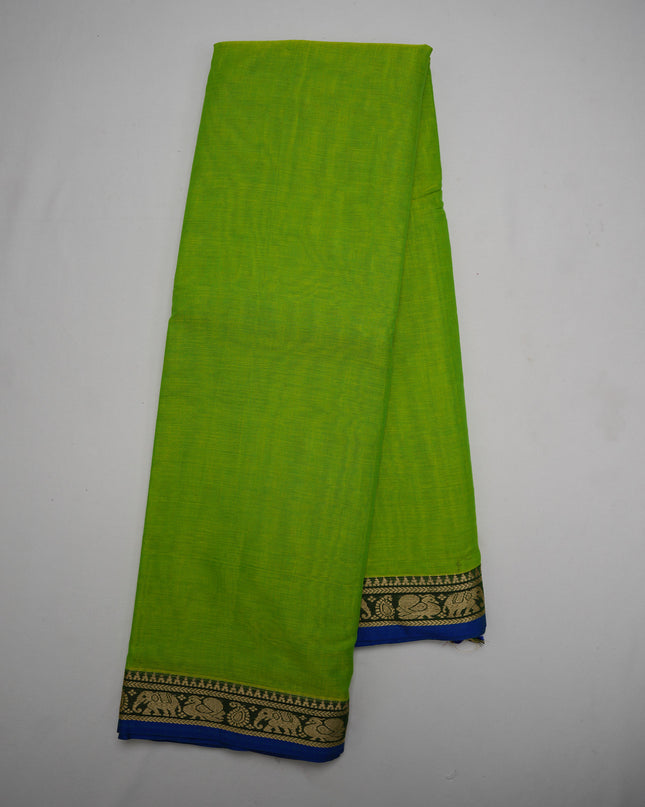 Premium Narayanapet Mercerized Cotton Saree in Vibrant Parrot Green with Traditional Small Border | Soft Finish & Lightweight Drape