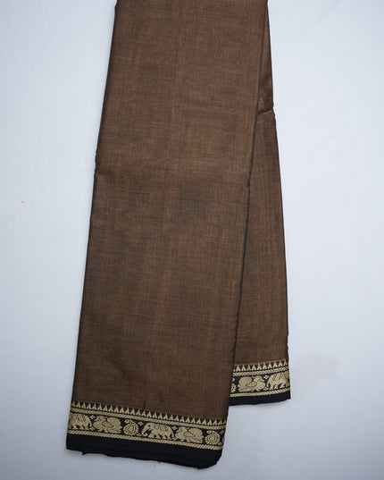 Premium Narayanapet Mercerized Cotton Saree in Smoky Taupe Brown with Traditional Elephant-Peacock Border | Soft Finish & Lightweight Drape