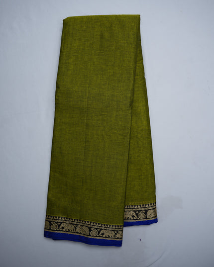 Premium Narayanapet Mercerized Cotton Saree in Olive Green with Traditional Elephant-Peacock Border | Soft Finish & Lightweight Drape