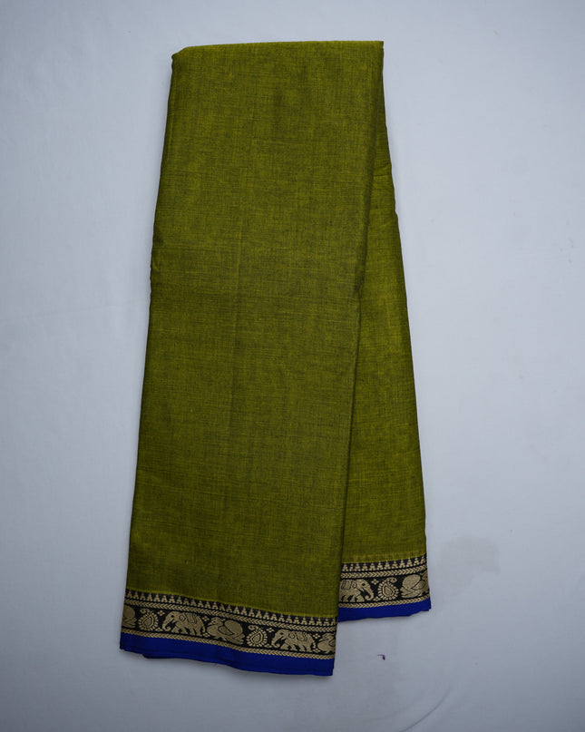 Premium Narayanapet Mercerized Cotton Saree in Olive Green with Traditional Elephant-Peacock Border | Soft Finish & Lightweight Drape