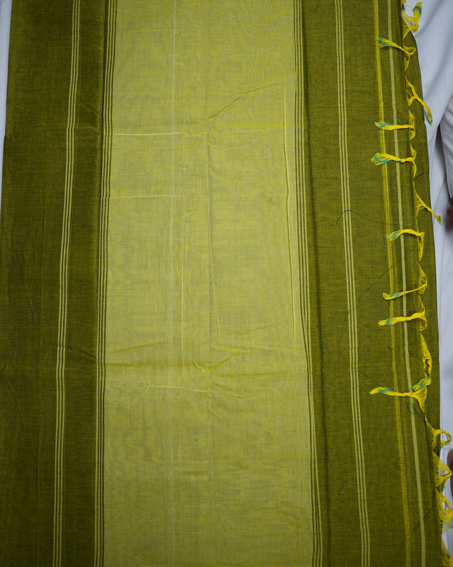Premium Narayanapet Mercerized Cotton Saree in Olive Green with Traditional Elephant-Peacock Border | Soft Finish & Lightweight Drape