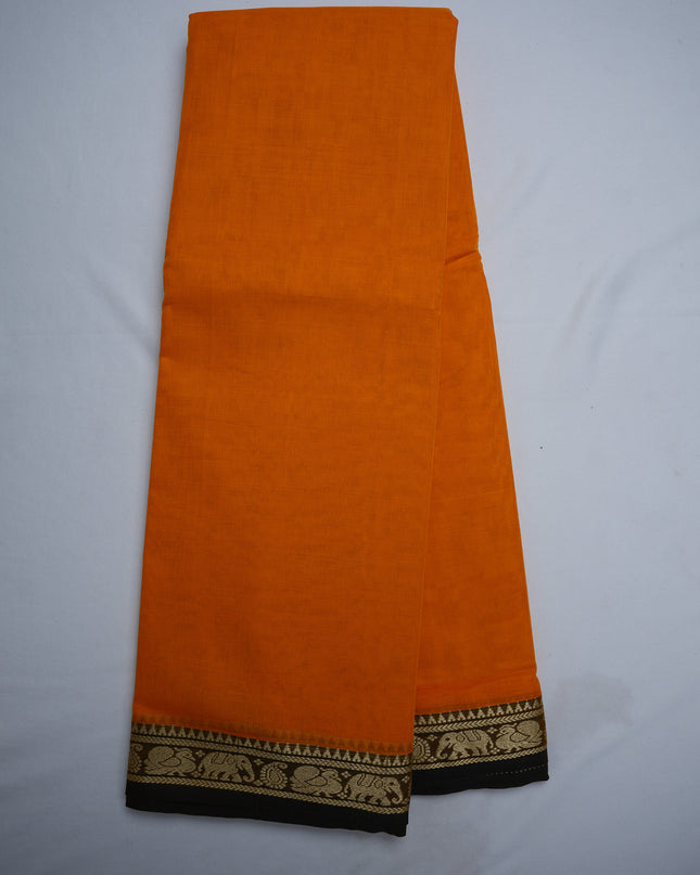 Premium Narayanapet Mercerized Cotton Saree in Bright Saffron Orange with Traditional Elephant-Peacock Border | Soft Finish & Lightweight Drape