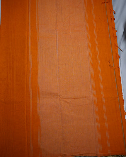 Premium Narayanapet Mercerized Cotton Saree in Bright Saffron Orange with Traditional Elephant-Peacock Border | Soft Finish & Lightweight Drape