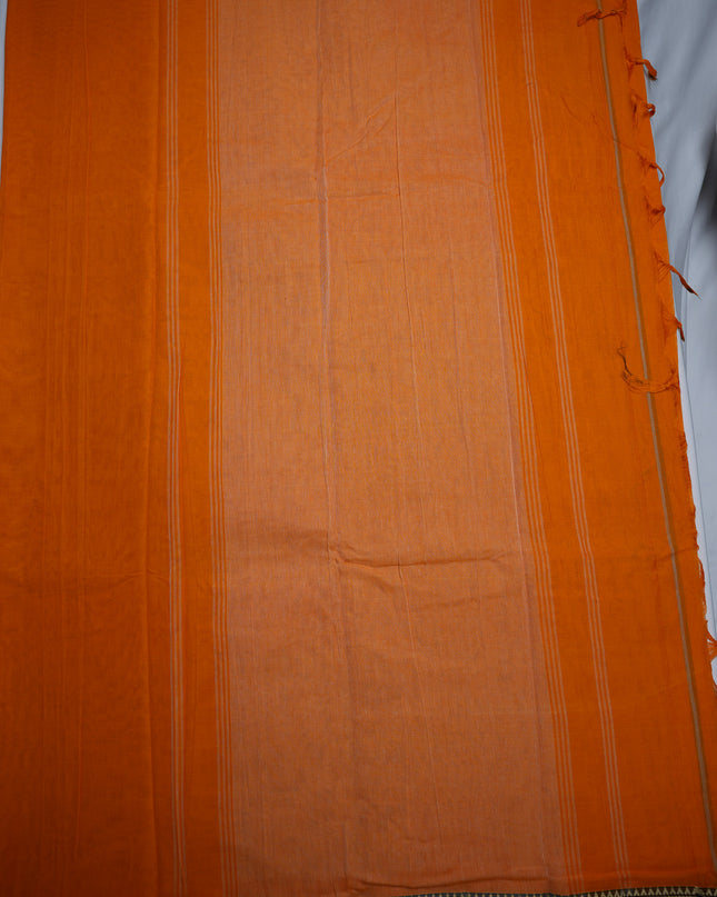 Premium Narayanapet Mercerized Cotton Saree in Bright Saffron Orange with Traditional Elephant-Peacock Border | Soft Finish & Lightweight Drape