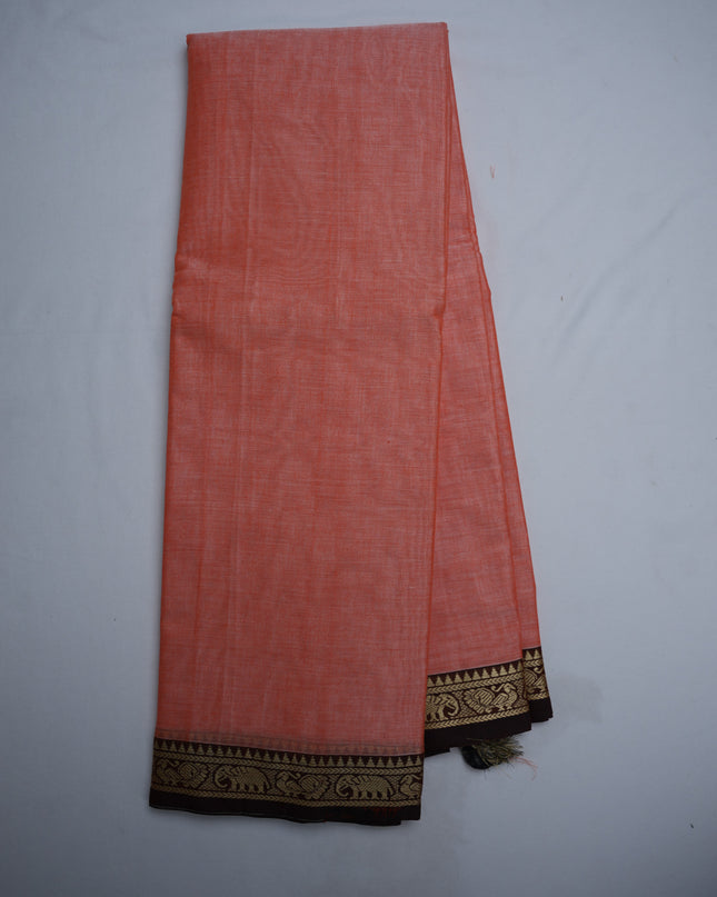 Premium Narayanapet Mercerized Cotton Saree in Soft Peach Pink with Traditional Elephant-Peacock Border | Soft Finish & Lightweight Drape
