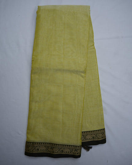 Narayanapet Mercerized Cotton Saree in Elegant Pastel Lemon Yellow with Traditional Elephant-Peacock Border | Soft Finish & Lightweight Drape