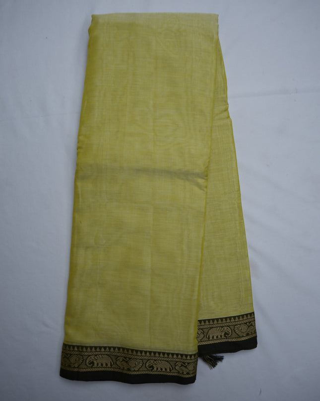 Narayanapet Mercerized Cotton Saree in Elegant Pastel Lemon Yellow with Traditional Elephant-Peacock Border | Soft Finish & Lightweight Drape