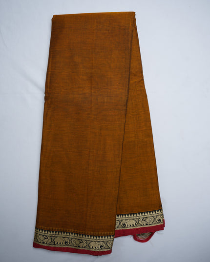 Premium Narayanapet Mercerized Cotton Saree in Rich Rust Brown with Traditional Elephant-Peacock Border | Soft Finish & Lightweight Drape