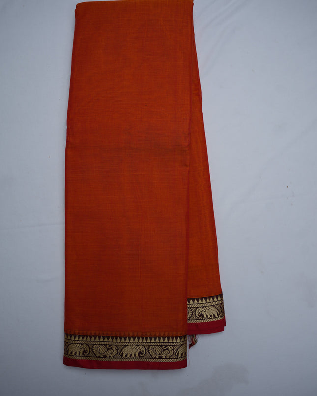 Premium Narayanapet Mercerized Cotton Saree in Vibrant Tangerine Orange with Traditional Elephant-Peacock Border | Soft Finish & Lightweight Drape