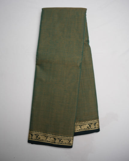 Narayanapet Mercerized Cotton Saree in Elegant Olive Green with Traditional Elephant-Peacock Border | Soft Finish & Lightweight Drape