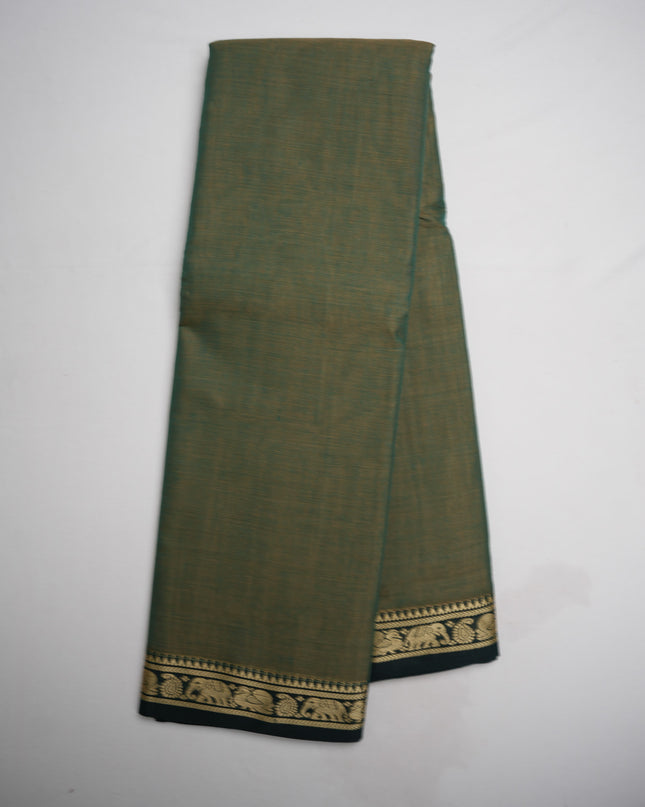 Narayanapet Mercerized Cotton Saree in Elegant Olive Green with Traditional Elephant-Peacock Border | Soft Finish & Lightweight Drape