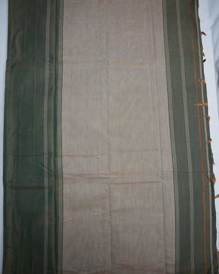 Narayanapet Mercerized Cotton Saree in Elegant Olive Green with Traditional Elephant-Peacock Border | Soft Finish & Lightweight Drape