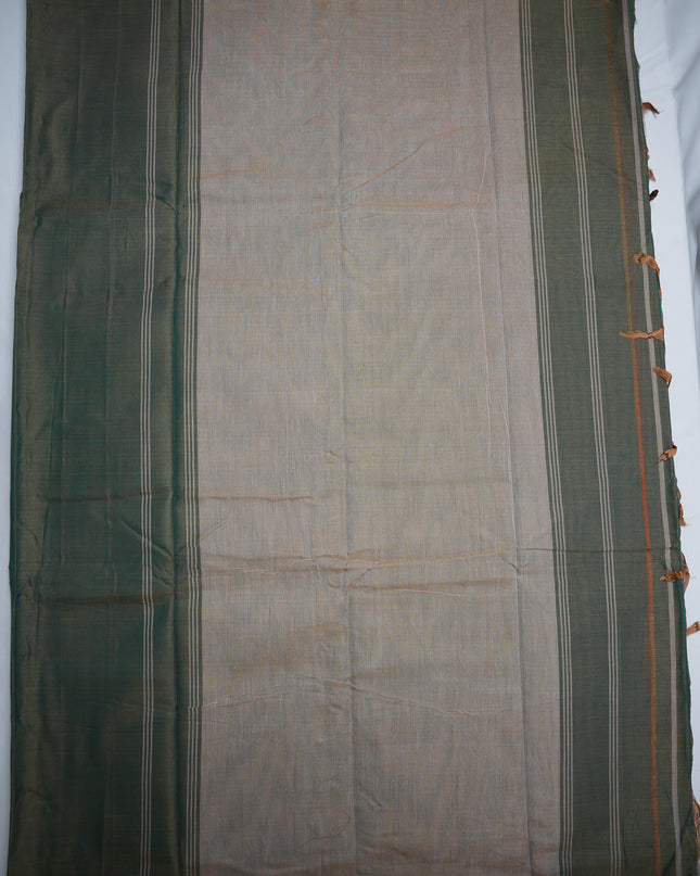 Narayanapet Mercerized Cotton Saree in Elegant Olive Green with Traditional Elephant-Peacock Border | Soft Finish & Lightweight Drape