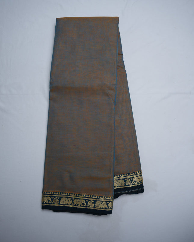Narayanapet Mercerized Cotton Saree in Smoky Taupe Brown with Traditional Elephant-Peacock Border | Soft Finish & Lightweight Drape