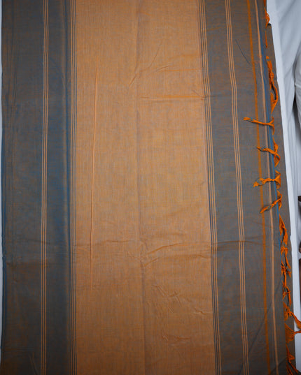 Narayanapet Mercerized Cotton Saree in Smoky Taupe Brown with Traditional Elephant-Peacock Border | Soft Finish & Lightweight Drape