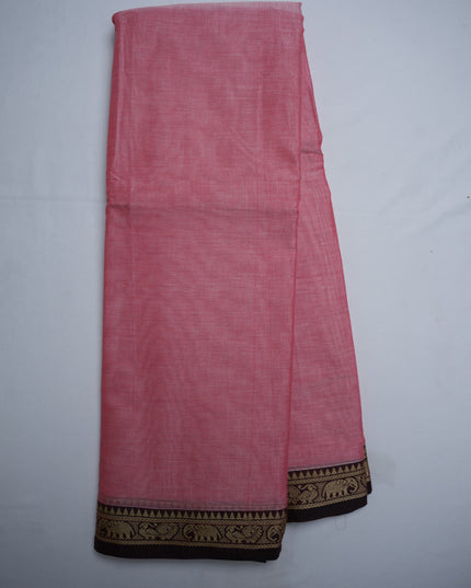 Narayanapet Mercerized Cotton Saree in Elegant Baby Pink with Traditional Elephant-Peacock Border | Soft Finish & Lightweight Drape