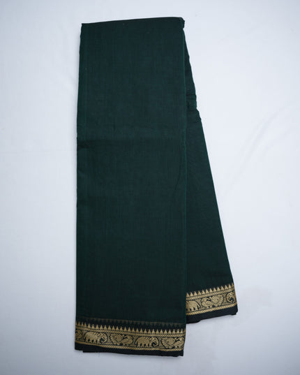 Narayanapet Mercerized Cotton Saree in Deep Bottle Green with Traditional Elephant-Peacock Border | Soft Finish & Lightweight Drape
