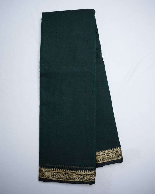 Narayanapet Mercerized Cotton Saree in Deep Bottle Green with Traditional Elephant-Peacock Border | Soft Finish & Lightweight Drape