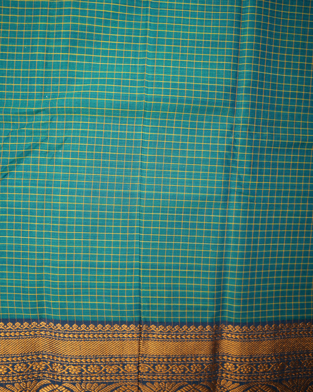 Narayanapet Mercerized Cotton Saree in Bottle Green Checks with Traditional Border | Soft Finish & Lightweight Drape