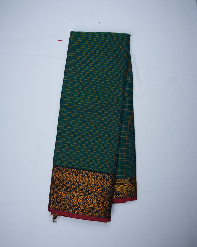 Narayanapet Mercerized Cotton Saree in Bottle Green Checks with Traditional Border | Soft Finish & Lightweight Drape