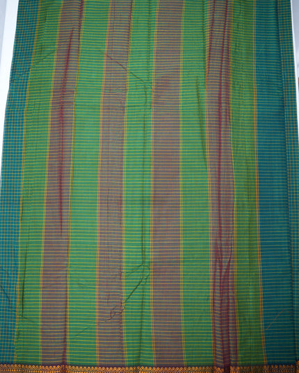 Narayanapet Mercerized Cotton Saree in Bottle Green Checks with Traditional Border | Soft Finish & Lightweight Drape