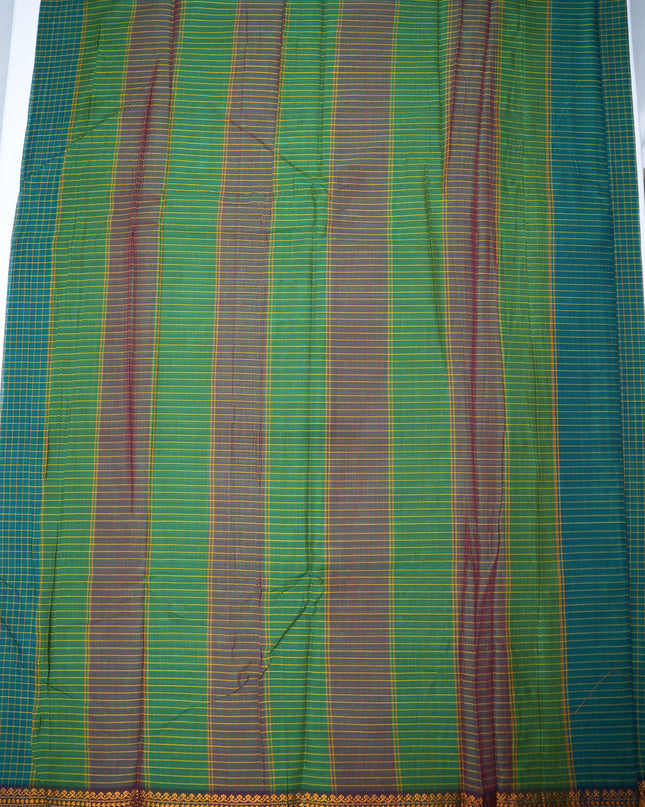 Narayanapet Mercerized Cotton Saree in Bottle Green Checks with Traditional Border | Soft Finish & Lightweight Drape