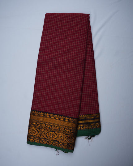 Narayanapet Mercerized Cotton Saree in Deep Maroon Checks with Traditional Border | Soft Finish & Lightweight Drape