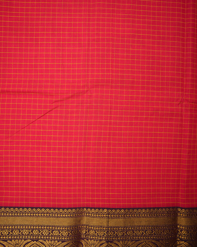 Narayanapet Mercerized Cotton Saree in Bright Crimson Red Checks with Traditional Border | Soft Finish & Lightweight Drape