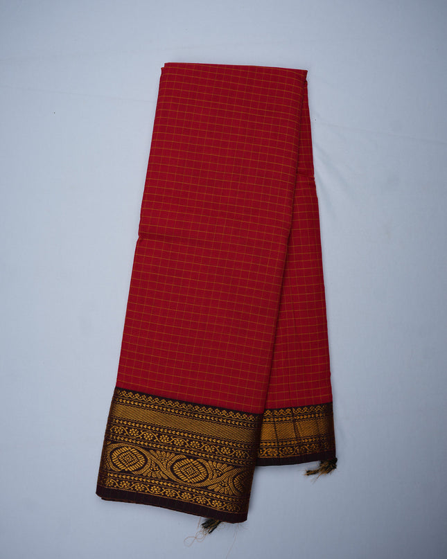 Narayanapet Mercerized Cotton Saree in Bright Crimson Red Checks with Traditional Border | Soft Finish & Lightweight Drape