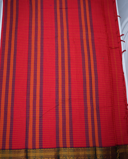 Narayanapet Mercerized Cotton Saree in Bright Crimson Red Checks with Traditional Border | Soft Finish & Lightweight Drape
