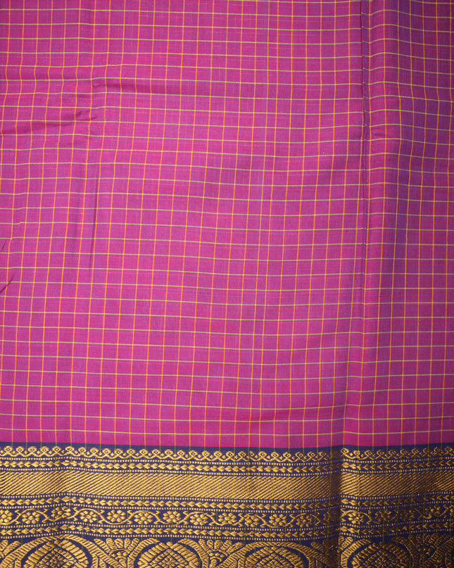 Narayanapet Mercerized Cotton Saree in Rich Magenta Purple Checks with Traditional Border | Soft Finish & Lightweight Drape