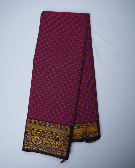 Narayanapet Mercerized Cotton Saree in Rich Magenta Purple Checks with Traditional Border | Soft Finish & Lightweight Drape