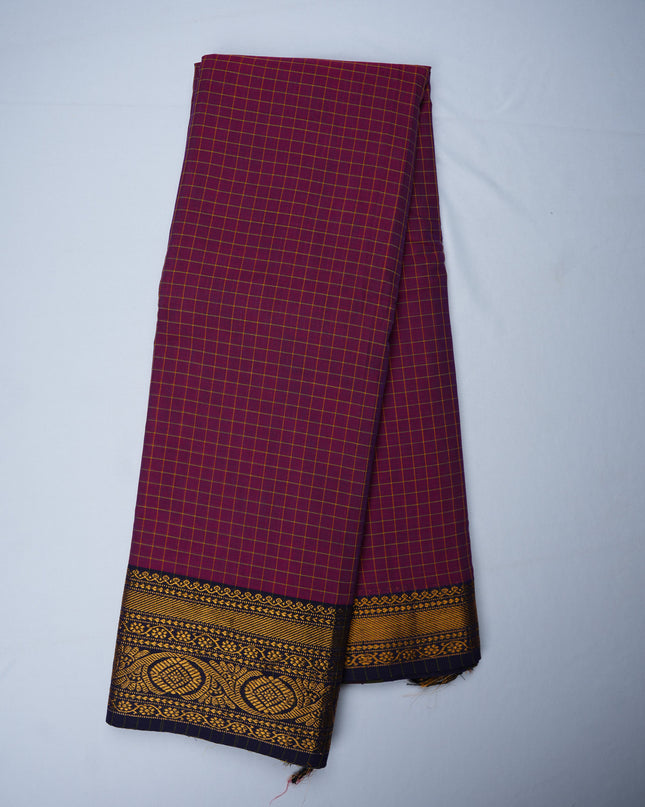 Narayanapet Mercerized Cotton Saree in Rich Magenta Purple Checks with Traditional Border | Soft Finish & Lightweight Drape