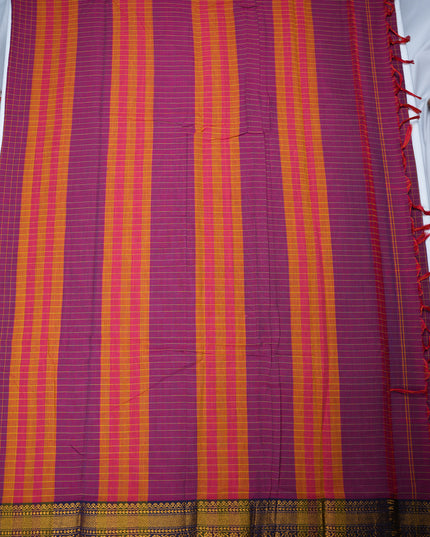 Narayanapet Mercerized Cotton Saree in Rich Magenta Purple Checks with Traditional Border | Soft Finish & Lightweight Drape