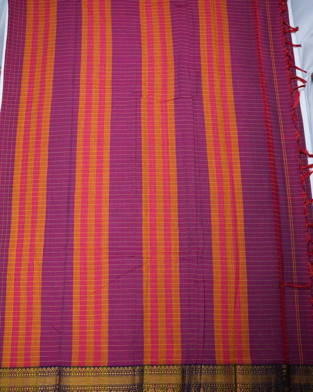 Narayanapet Mercerized Cotton Saree in Rich Magenta Purple Checks with Traditional Border | Soft Finish & Lightweight Drape