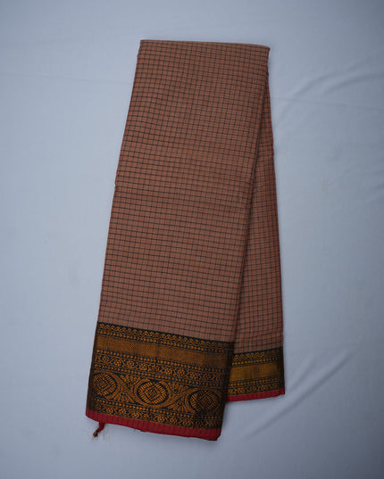 Narayanapet Mercerized Cotton Saree in Soft Beige Checks with Traditional Border | Soft Finish & Lightweight Drape