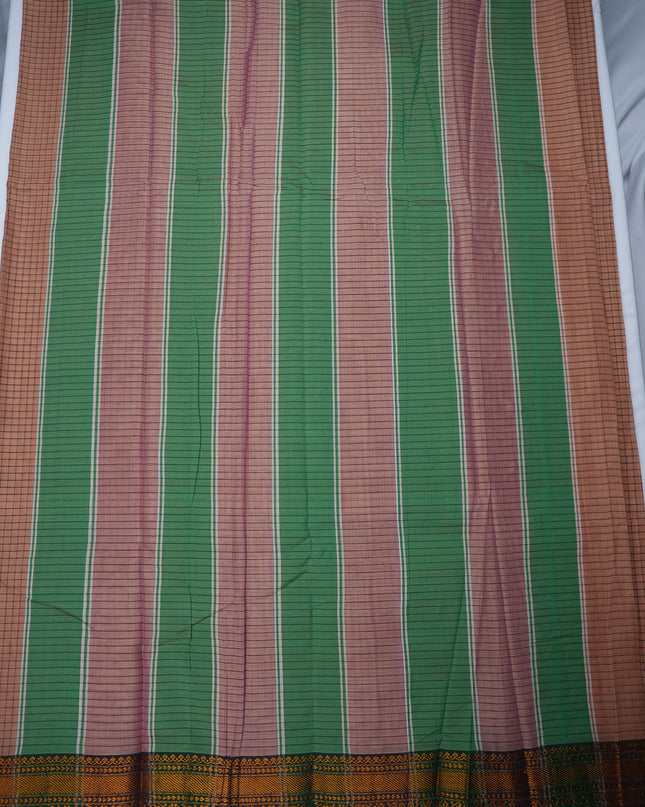 Narayanapet Mercerized Cotton Saree in Soft Beige Checks with Traditional Border | Soft Finish & Lightweight Drape