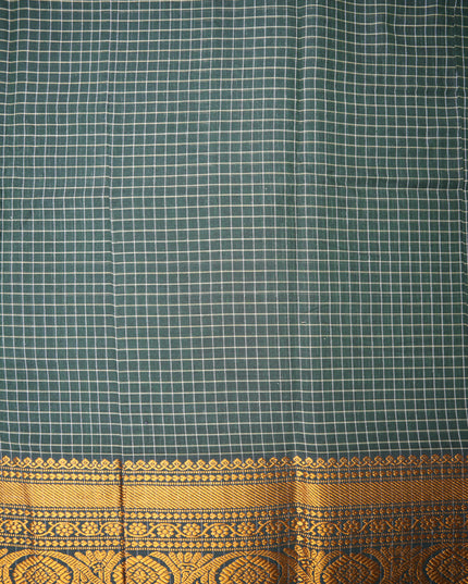 Narayanapet Mercerized Cotton Saree in Deep Forest Green Checks with Traditional Border | Soft Finish & Lightweight Drape