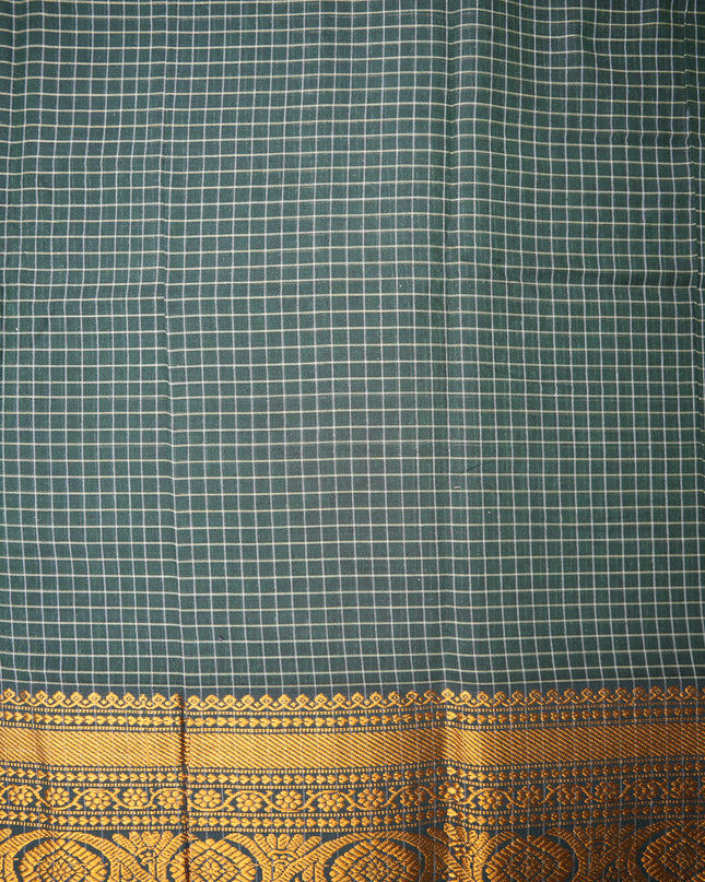 Narayanapet Mercerized Cotton Saree in Deep Forest Green Checks with Traditional Border | Soft Finish & Lightweight Drape