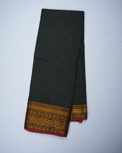 Narayanapet Mercerized Cotton Saree in Deep Forest Green Checks with Traditional Border | Soft Finish & Lightweight Drape
