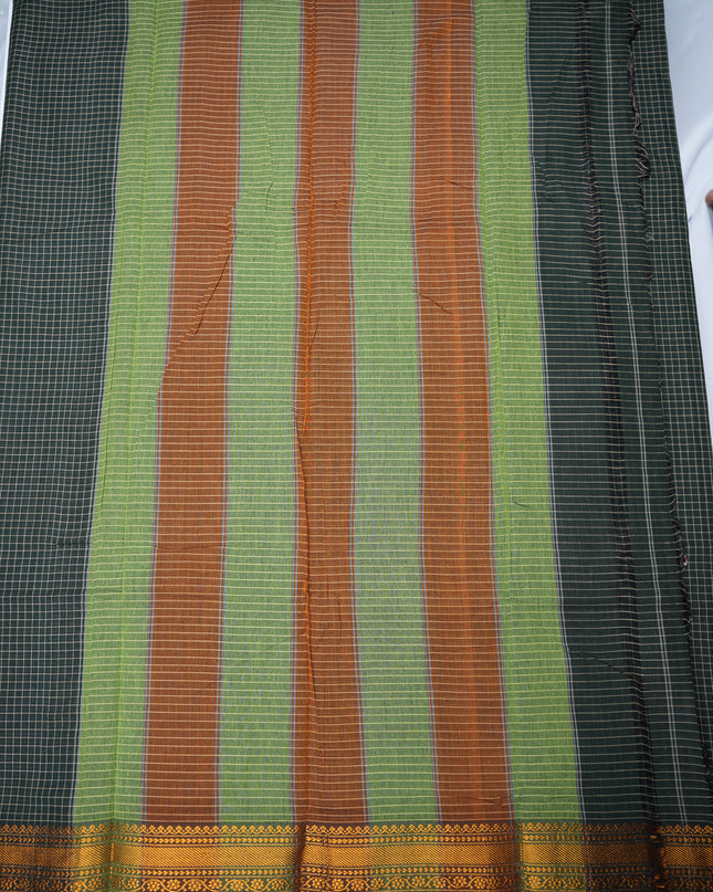Narayanapet Mercerized Cotton Saree in Deep Forest Green Checks with Traditional Border | Soft Finish & Lightweight Drape