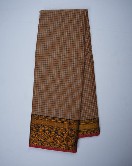 Narayanapet Mercerized Cotton Saree in Warm Sand Beige Checks with Traditional Border | Soft Finish & Lightweight Drape