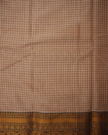 Narayanapet Mercerized Cotton Saree in Warm Sand Beige Checks with Traditional Border | Soft Finish & Lightweight Drape