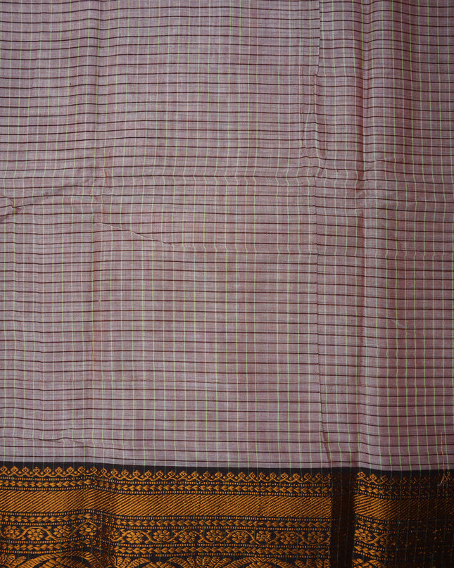Narayanapet Mercerized Cotton Saree in Soft Ash Grey Checks with Traditional Border | Soft Finish & Lightweight Drape