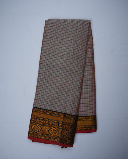Narayanapet Mercerized Cotton Saree in Soft Ash Grey Checks with Traditional Border | Soft Finish & Lightweight Drape