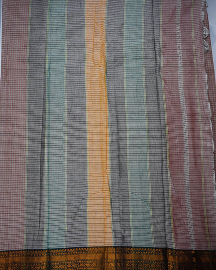 Narayanapet Mercerized Cotton Saree in Soft Ash Grey Checks with Traditional Border | Soft Finish & Lightweight Drape
