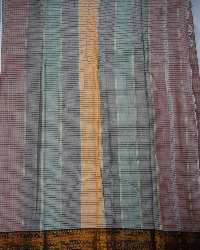Narayanapet Mercerized Cotton Saree in Soft Ash Grey Checks with Traditional Border | Soft Finish & Lightweight Drape